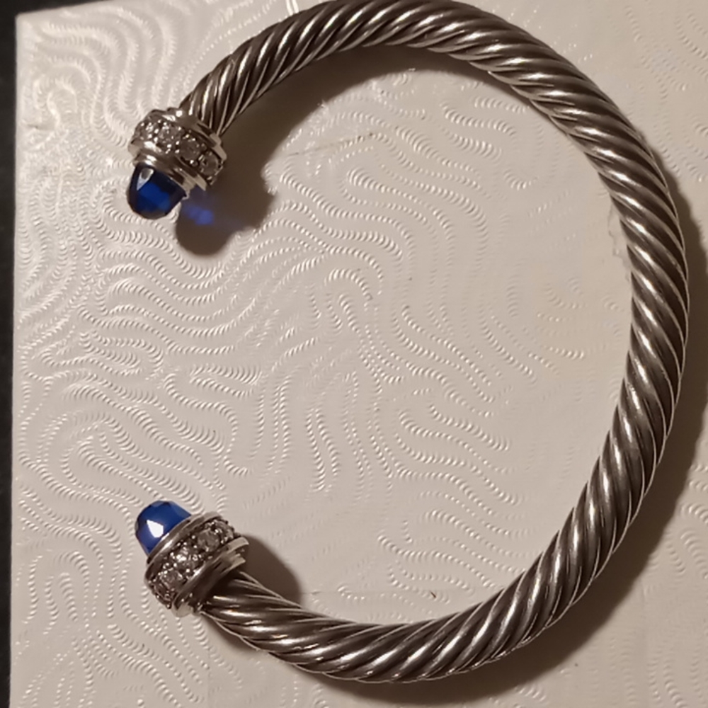 Twisted cable cuff sterling bracelet with blue sapphire gems & pave cz